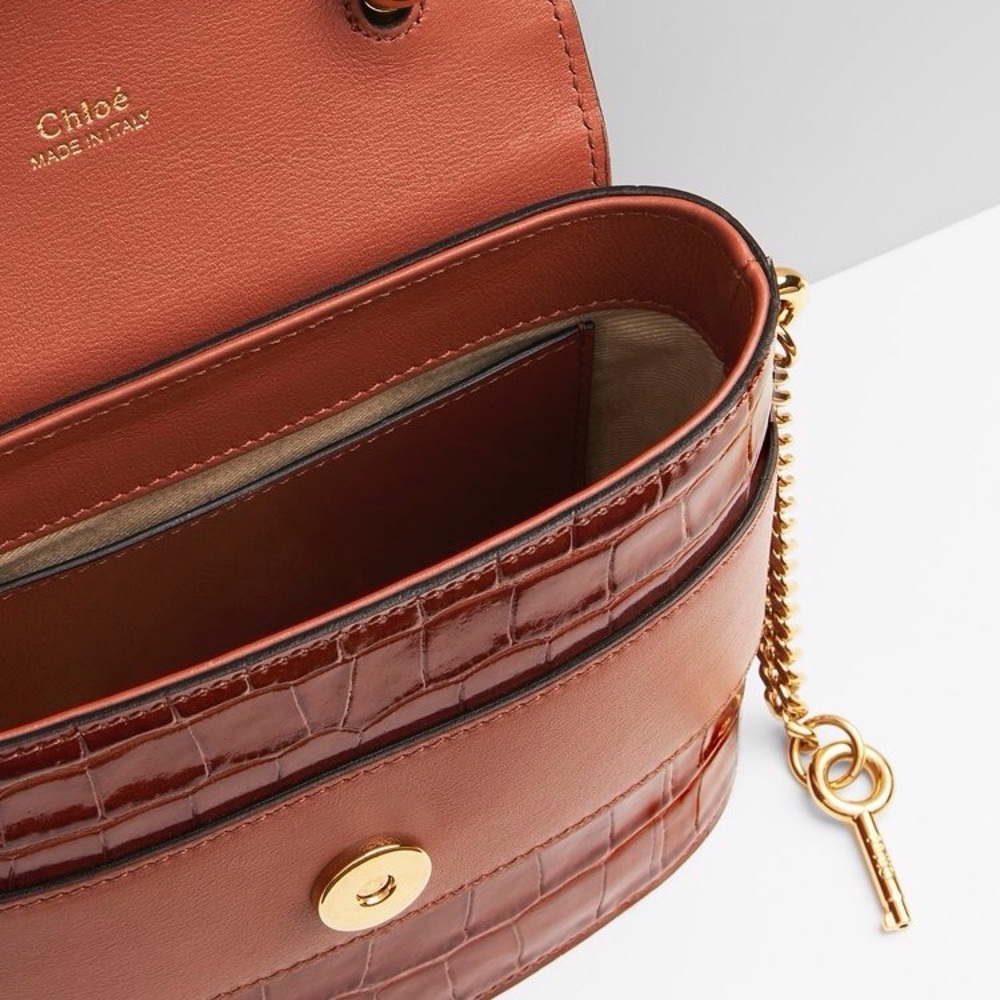 CHLOE
Aby Lock Small Embossed/Calfskin Leather Chain Shoulder Bag Brown - Picture 7 of 16